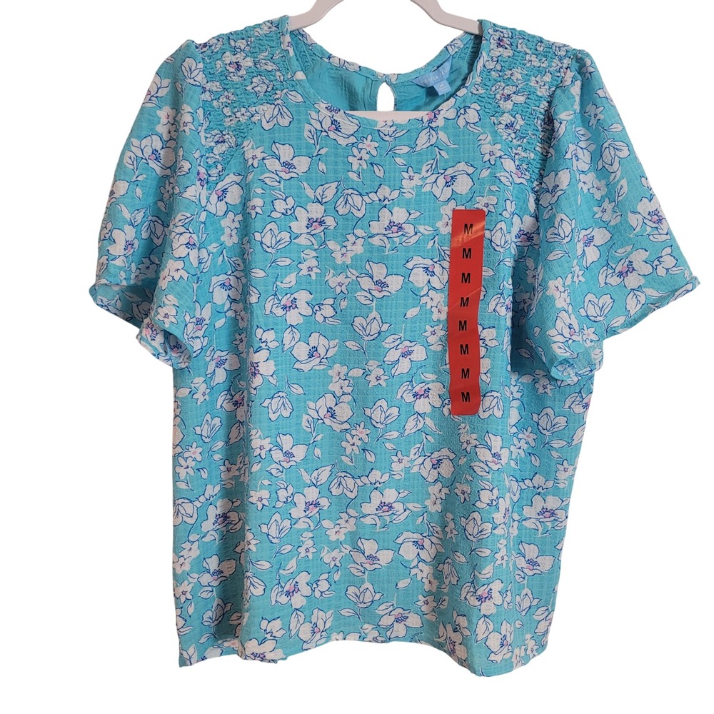 Draper James Womens Turquoise Floral Short Sleeve Lined Top Blouse Size M NEW